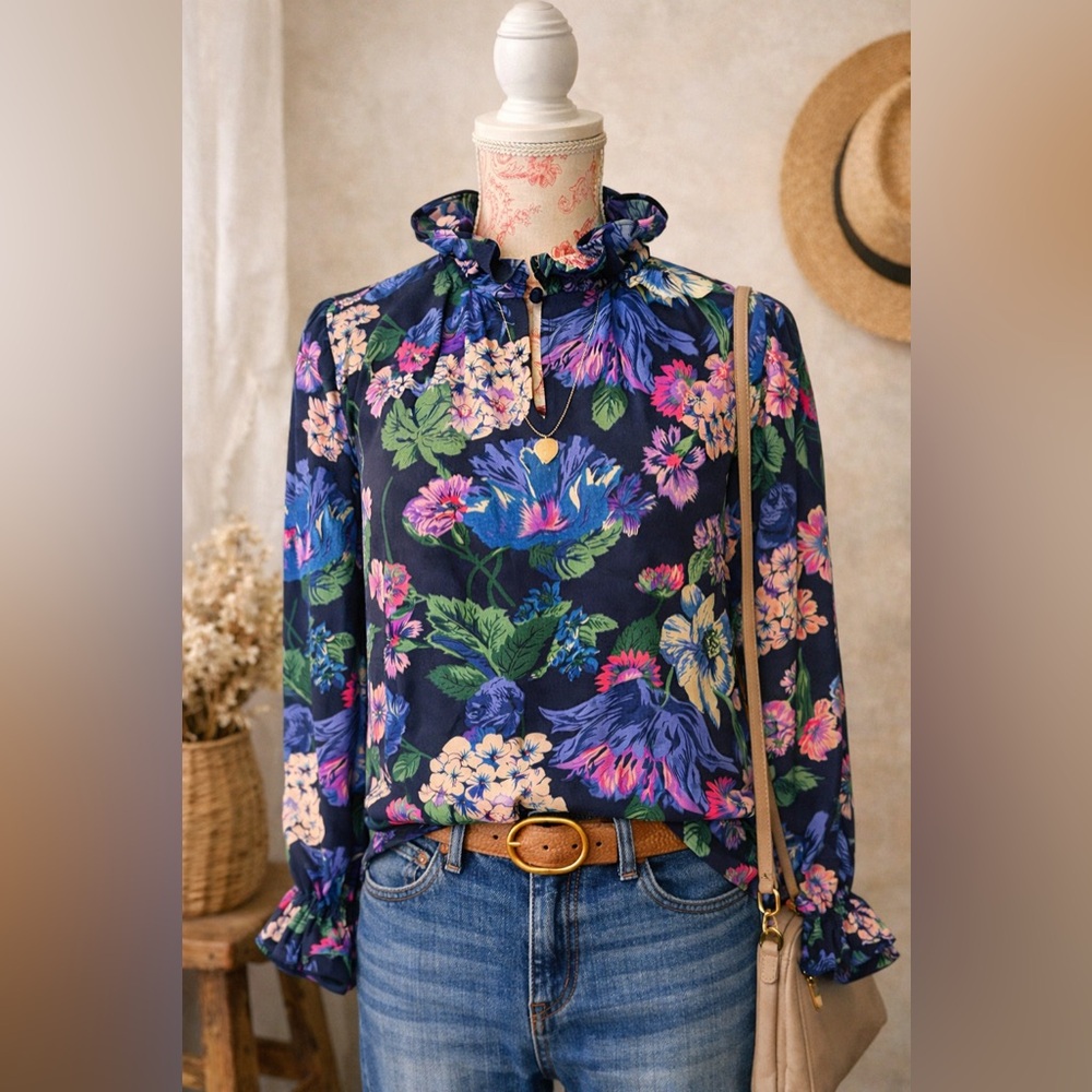 Floral Ruffled Neck Long-Sleeve Top - Navy